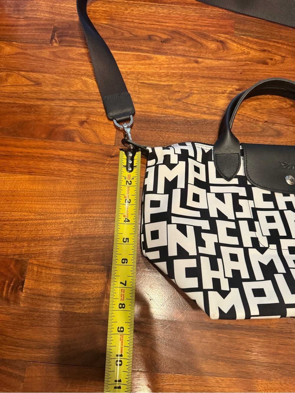 LONGCHAMP Le Pliage Nylon Black & White Graphic Logo Tote with Shoulder Strap - Picture 5 of 11